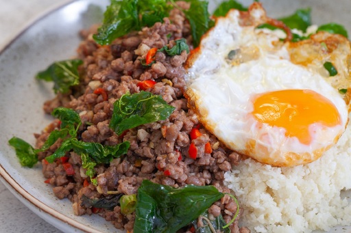 Grass-fed beef graprao with fried duck egg